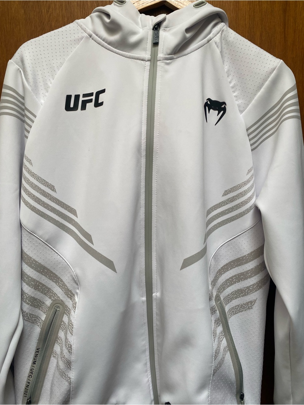 UFC Performance Hooded Zip Jacket in White with Silver Accents